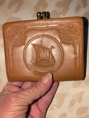 Danish Leather Clasp Coin Purse with Viking Ship Motif  -Vintage